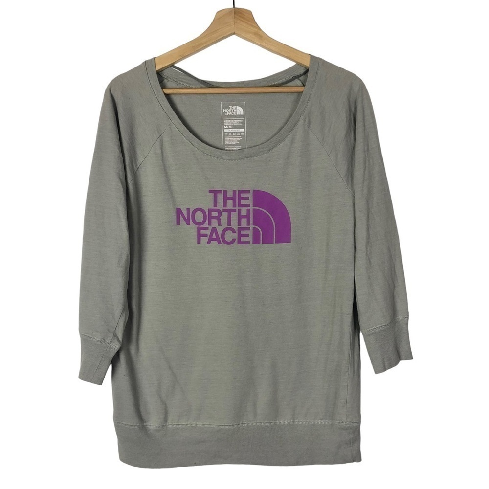 The North Face Gray Purple Logo Scoop Neck 3/4 Long Sleeve T-Shirt M
